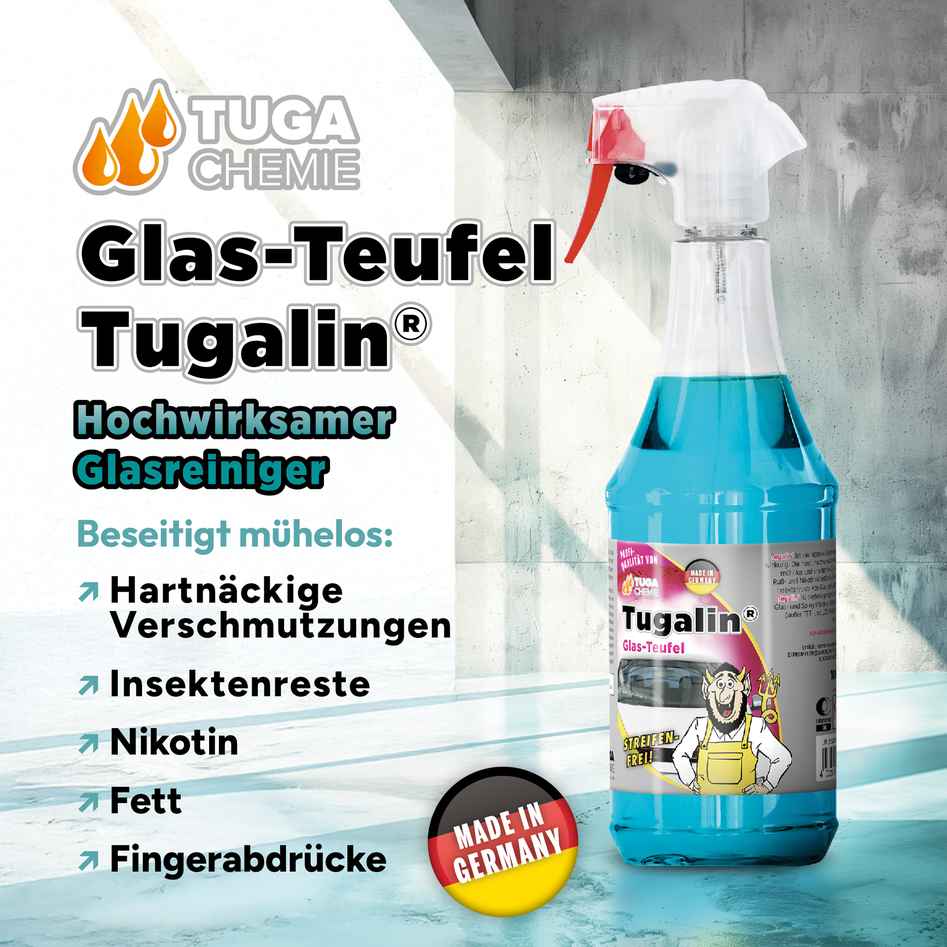 TUGA Chemie Glas-Teufel Tugalin® Intensiv-Glasreiniger – 1 L / 5 L