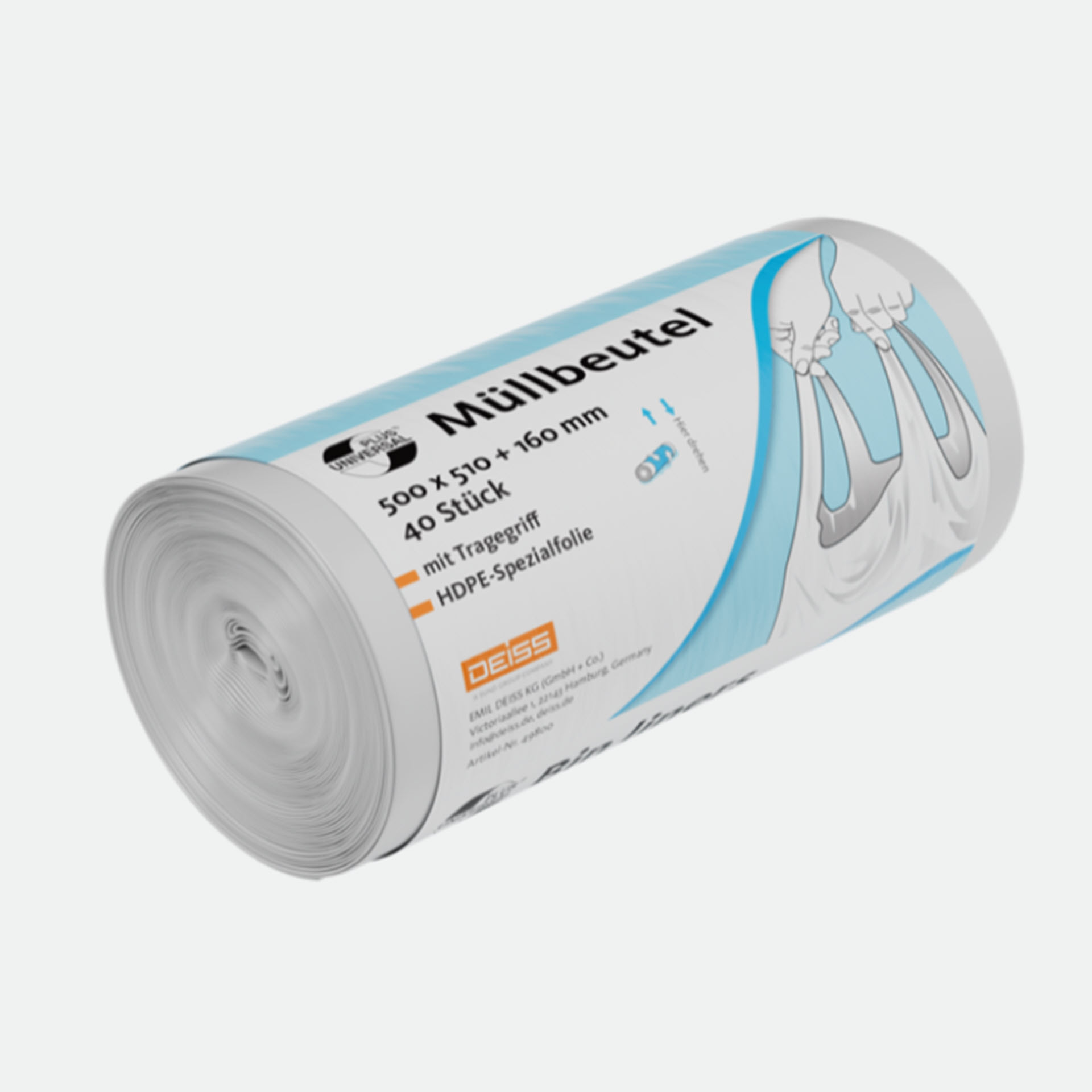 DEISS UNIVERSAL PLUS Müllbeutel mit Tragegriff, transparente Rolle mit 40 Beuteln, liegend