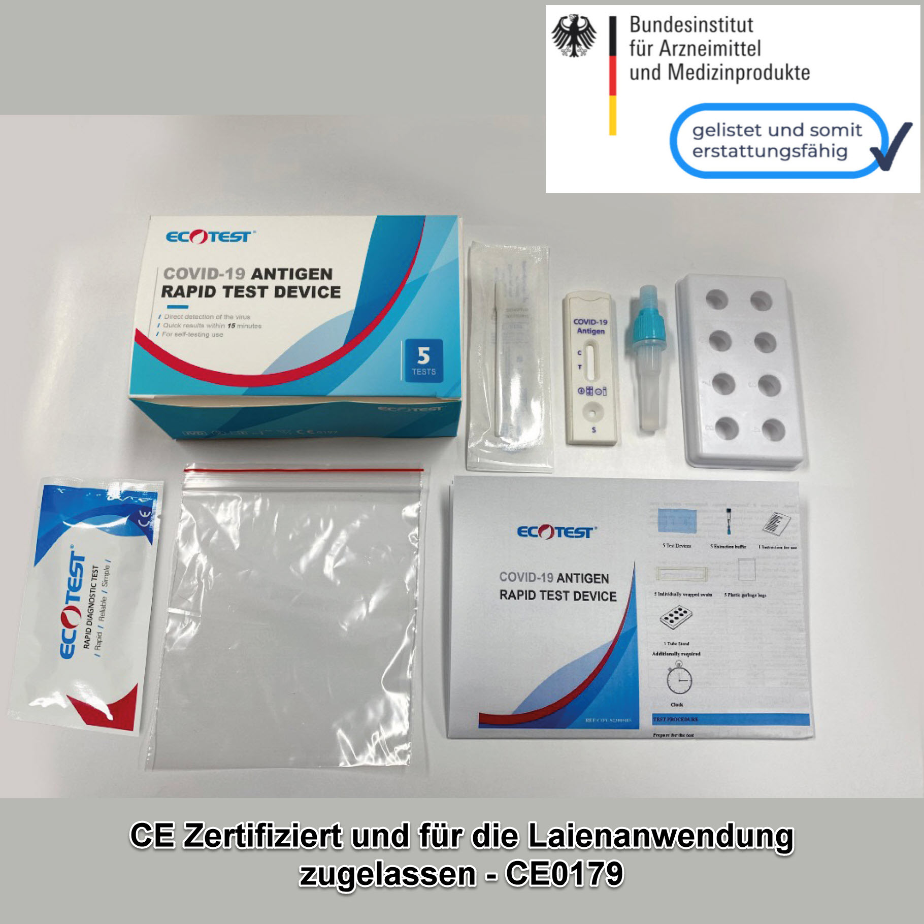 Ecotest Covid-19-Antigen Schnelltest - "Corona Nasaltest" - 5er Box Laientest