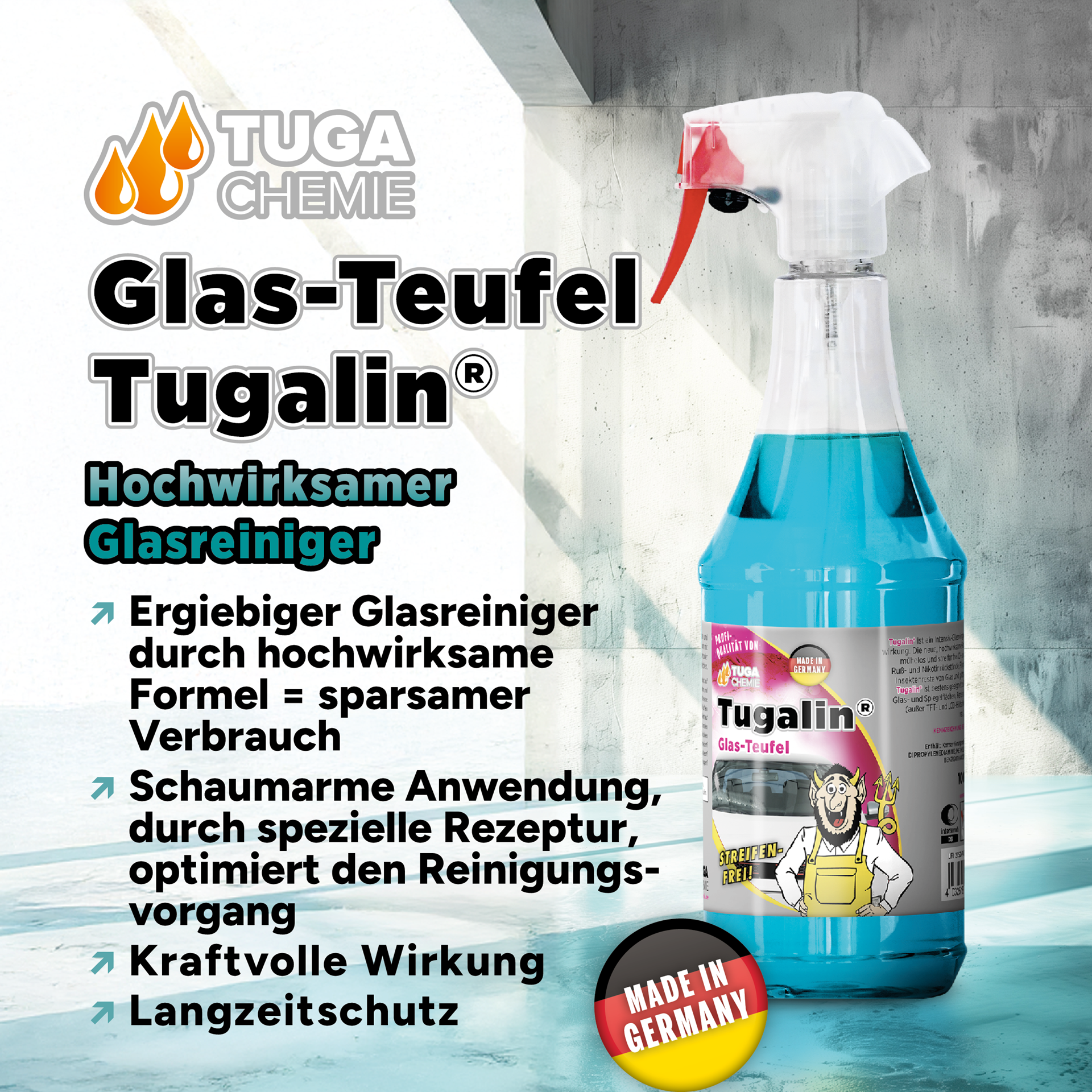 TUGA Chemie Glas-Teufel Tugalin® Intensiv-Glasreiniger – 1 L / 5 L