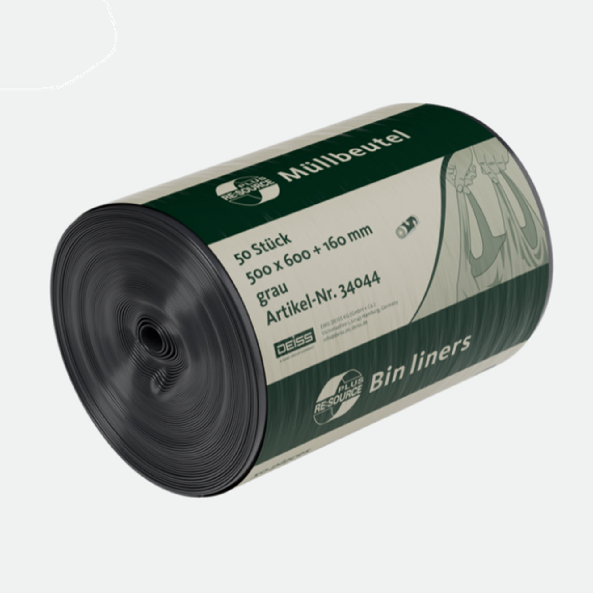 DEISS RE:SOURCE PLUS Müllbeutel 30 Liter grau, Rolle mit Banderole in schräger Ansicht